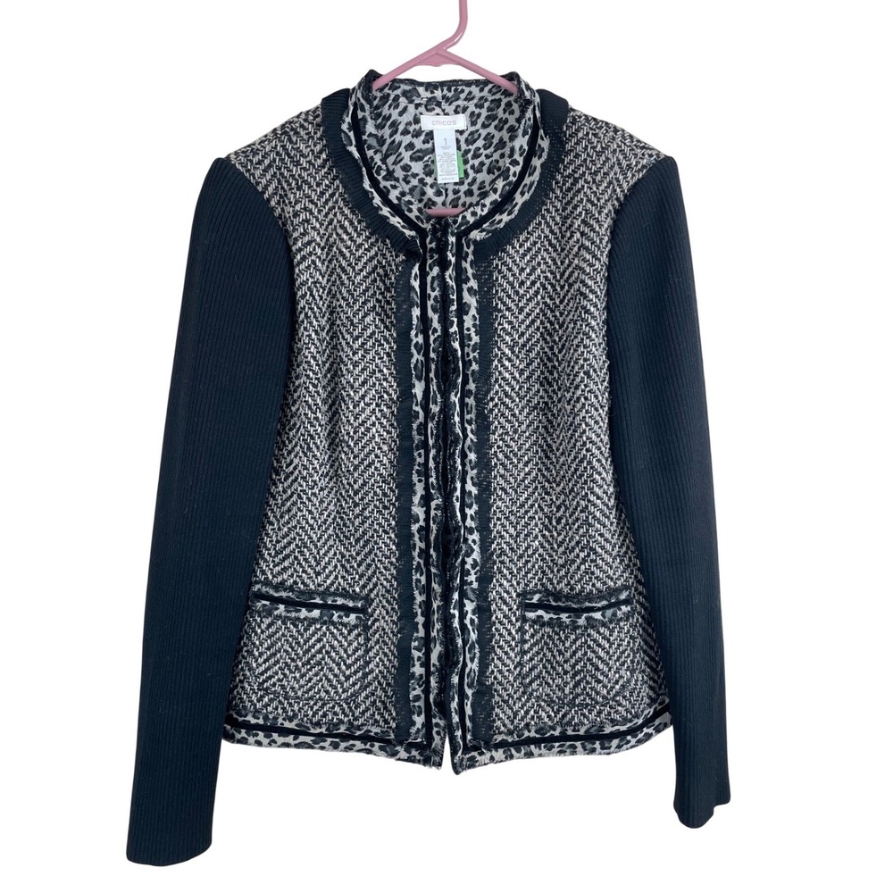 Chicos‎ Blazer Jacket Tweed Herringbone Leopard Trim Black Sweater Sleeve Size 1